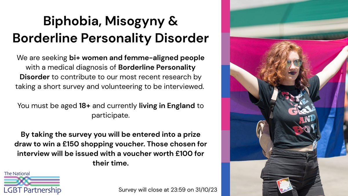 Does the following describe you? 💖💜💙

✅ Bi+ or m-spec
✅ Woman or femme-aligned person
✅ Diagnosis of BPD
✅ 18+
✅ Living in England

If so, we want to hear from you! Please spare 10 minutes to take our survey and potentially win a £150 voucher! 👇

survey.alchemer.com/s3/7466957/bip…