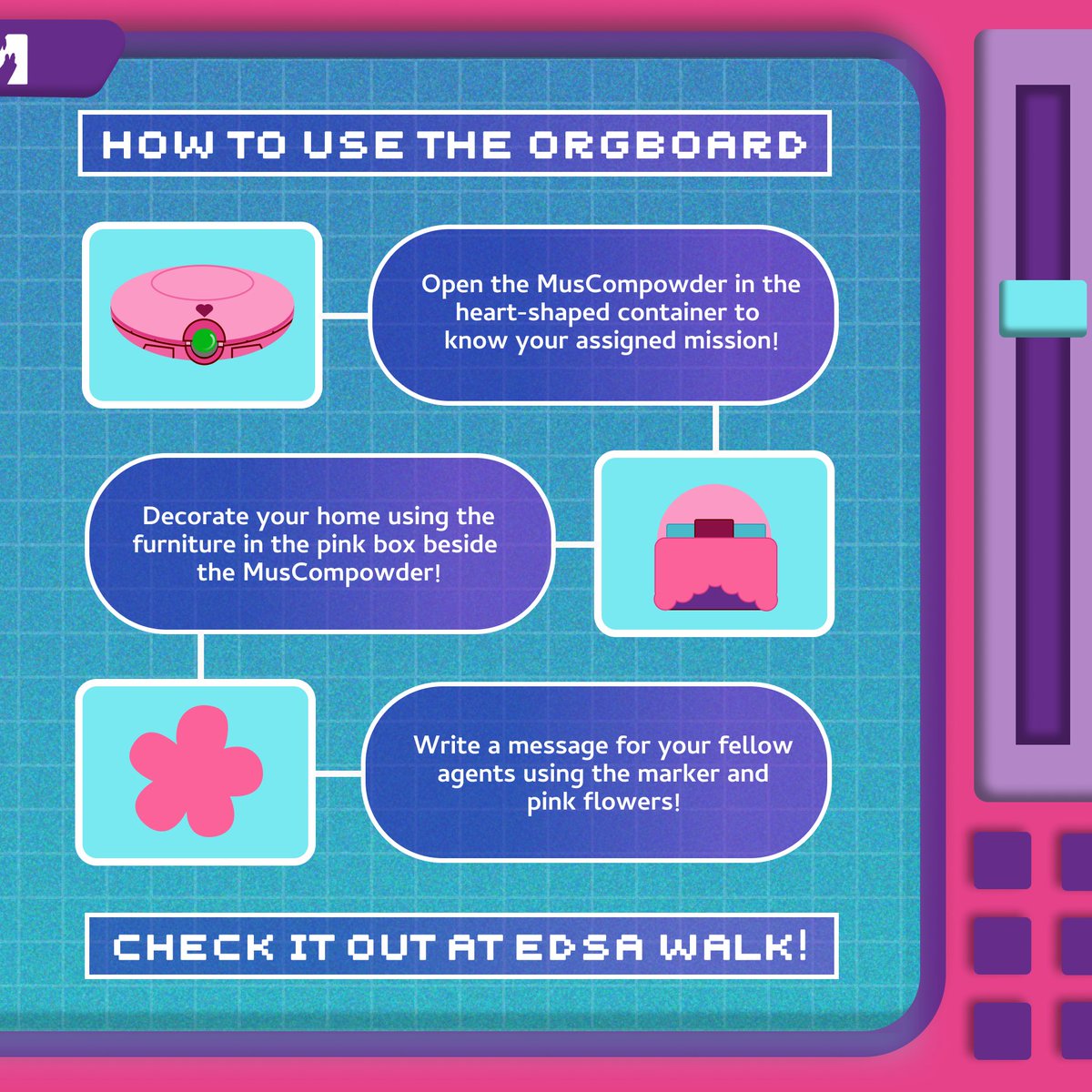 Musmos_Ateneo's tweet photo. Beep-beep🔊! You just received your mission brief 💼 

Heads up, Spies! Get ready to decode your mission details while strolling along EDSA Walk. Keep your eyes 👀 peeled for the Muscompowder🪞and enjoy giving your new spy pad🏠 a makeover. https://t.co/UQnEbpTnl0