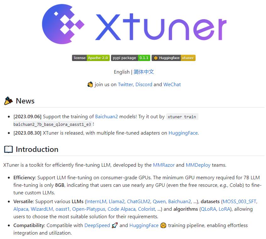 OpenMMLab's tweet photo. 🥳#XTuner V0.1.2 has been released!#LLMs
🤗Support #Baichuan2 models training and fine-tuning
🤗Add #CodeLlama-Chat conversation template
🤗Redesigned the usage of XTuner convert CLI, for more convenient model conversion
👉https://t.co/rrWGh1Uu0d https://t.co/15JRT343uM
