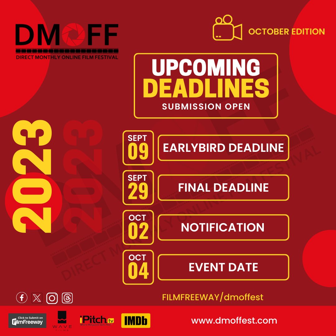 dmoffest's tweet photo. Direct Monthly Online Film Festival (DMOFF) Call For entries open for September edition Visit https://t.co/VajgUwaWa5 submit your film REDEEM 10% DISCOUNT CODE: DMOFF2023 #dmoffest #dmoffestival #directmonthlyonlinefilmfestival #directmonthlyfilmfestival #onlinefilmfestival https://t.co/sfNBzOb8Dq