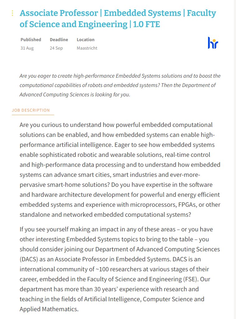 VACANCY: We are looking for an Associate Professor in Embedded Systems to join our department!

Application deadline: September 24
More info: academictransfer.com/en/331772/asso…

#EmbeddedSystems #Vacancy #ComputerScience #AcademicTwitter