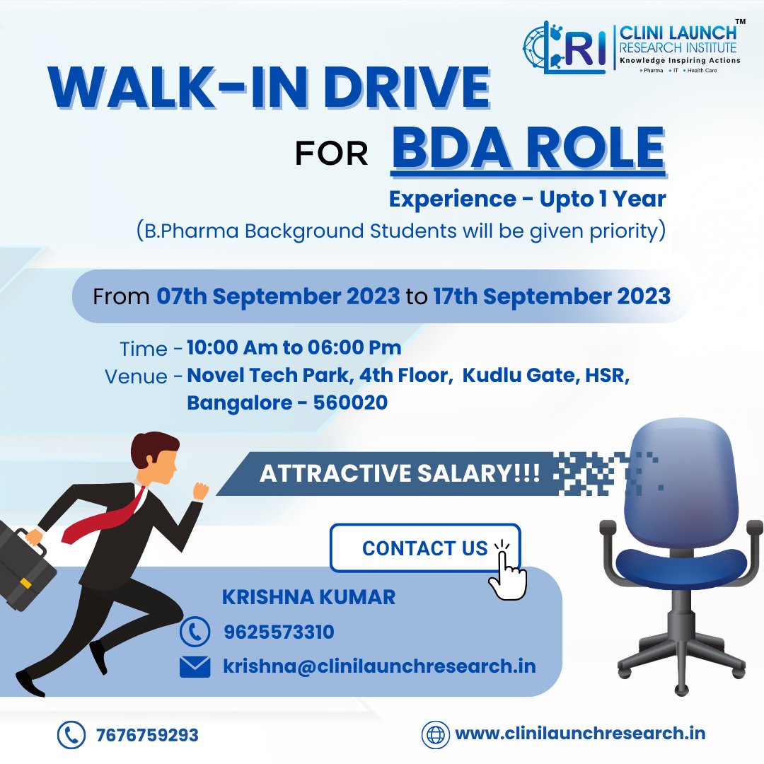 clinilaunch's tweet image. We are hiring !
Walk-in Drive for Business Development Associates !
Are you looking for a challenging and rewarding career as a BDA? We are looking for talented and motivated individuals to join our team of Business Development Associates.
#clri #jobs #freshers #BDA #HIRINGNOW