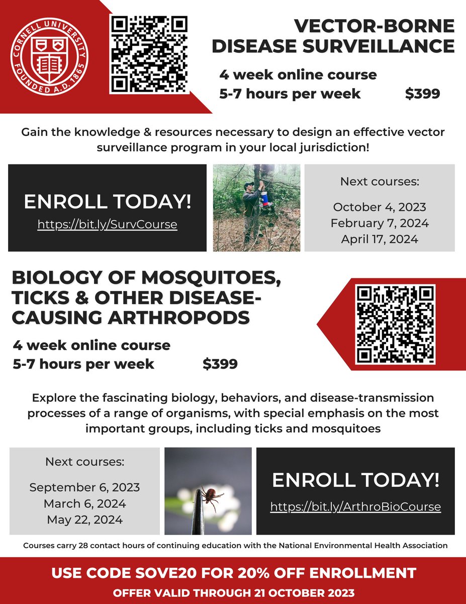Join @cornellento and <a href="/ecornell_online/">eCornell</a> to learn about the life history, behavior &amp; ecology of arthropods that affect human health. Enroll in Biology of Mosquitoes, Ticks &amp; Other Disease-Causing Arthropods online course using SOVE20 to save 20%! bit.ly/ArthroBioCourse