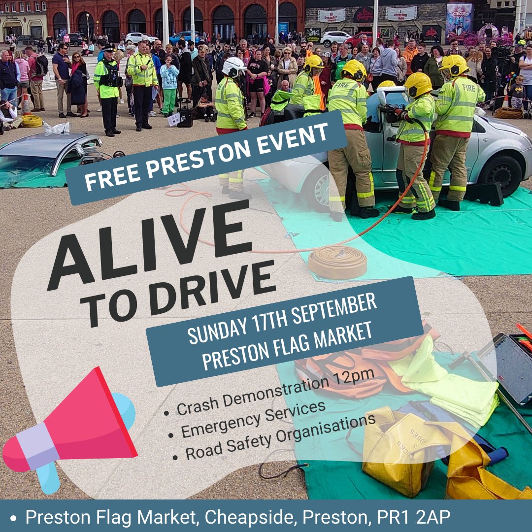 We're preparing for the next Alive to Drive multi-agency event. When: Sunday 17th September 11am - 3pm Where: Preston Flag Market What: Road safety info, freebies, crash demonstration, emergency services Who: @LancashireFRS @LancsPolice @LancashireCC @NWAmbulance & more!