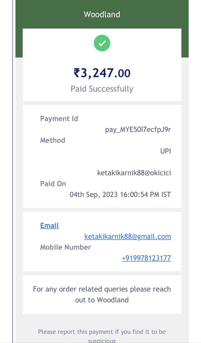 mandardani7's tweet photo. @Woodland my wife had ordered for  Product Code FGC0C0029751B (Art No : GB 2975118SA) on 4th Sept’23 (4 PM) and payment was made via GPay (Payment ID pay_MYE50I7ecfpJ9r).
We have not received confirmation email nor can we see the order details on the website. Please guide me us. https://t.co/IeARrYwuPP