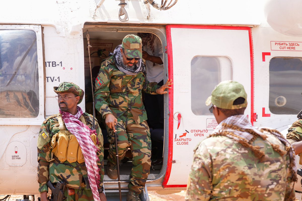 TheVillaSomalia's tweet photo. HE @HassanSMohamud arrived at the frontline district of Adanyabal in Hirshabelle. Leading the war effort from the front, the President will hold meetings with State Officials, local elders, &amp; army personnel to accelerate the ongoing offensive aimed at eradicating the terrorists. https://t.co/wM52D79Vtv