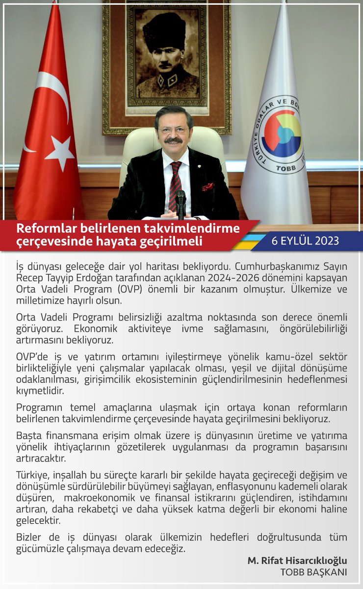 RHisarciklioglu's tweet photo. Cumhurbaşkanımız Sayın @RTErdogan tarafından açıklanan 2024-2026 dönemini kapsayan Orta Vadeli Program (OVP) önemli bir kazanım olmuştur. Ülkemize ve milletimize hayırlı olsun. https://t.co/SVm4VtF53i
