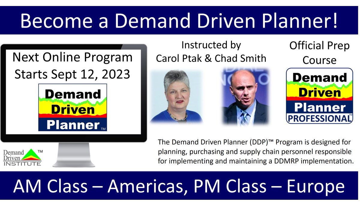 Just six days away from the next online Demand Driven Planner (DDP) session facilitated by #demanddriven thought leaders Carol Ptak and Chad Smith. Info and registration: demanddriveninstitute.com/event-details/… #ddmrp #supplychainresilience #ddpp #supplychainmanagement