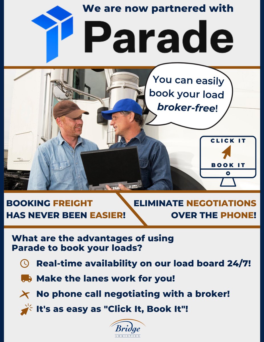 Hello #freightx and truckers of America, this is just a reminder that you can sign up to access our parade load board for free! Click it & book it, and be on the open road today!
carriers.parade.ai/d/bridgelogist…

#truckers #carriers #trucker #trucking #truckingindustry #loadboard #freight