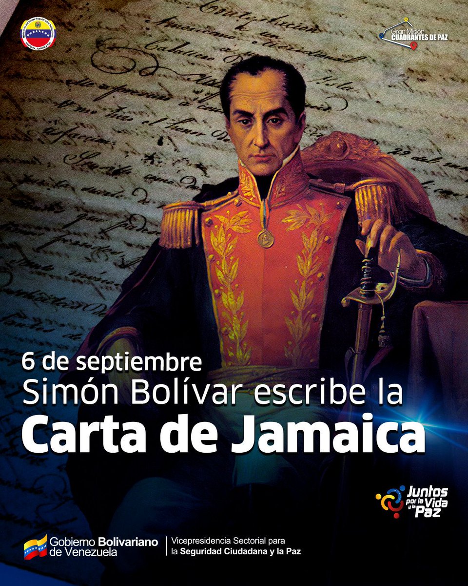 #6SEP || En este día tan especial, recordamos el 208° aniversario de la Carta de Jamaica, escrita por el padre de la Patria, Simón Bolívar; documento que nos rememora el ideal sagrado de la independencia, tomando como punto de partida la unión como base de consolidación de los