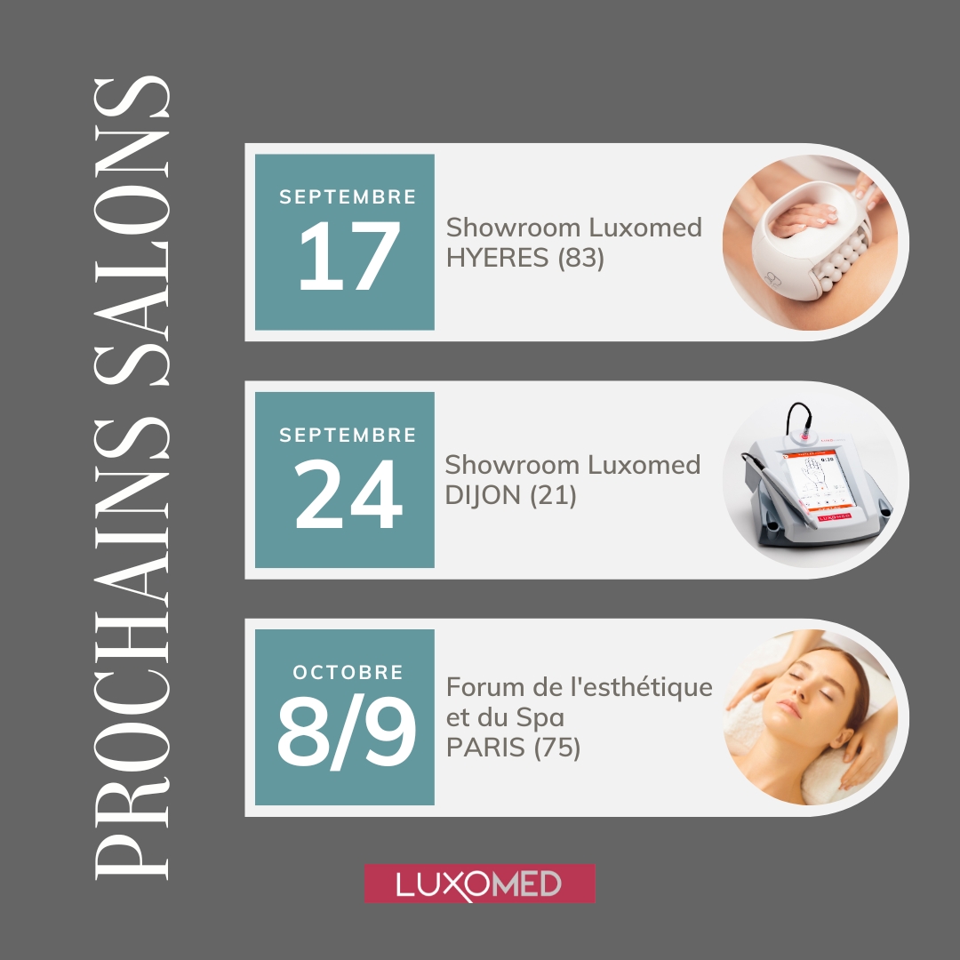 Luxomed's tweet photo. Qui dit rentrée , dit aussi Actualités de rentrée.
Retrouvez ci-dessous tous nos salons de 2eme semestre 2023, l’occasion de venir découvrir nos technologies et les tester.
Vous retrouverez tous les détails sur notre site.
https://t.co/lgQvsh6Dym https://t.co/DzoEeT5Im0