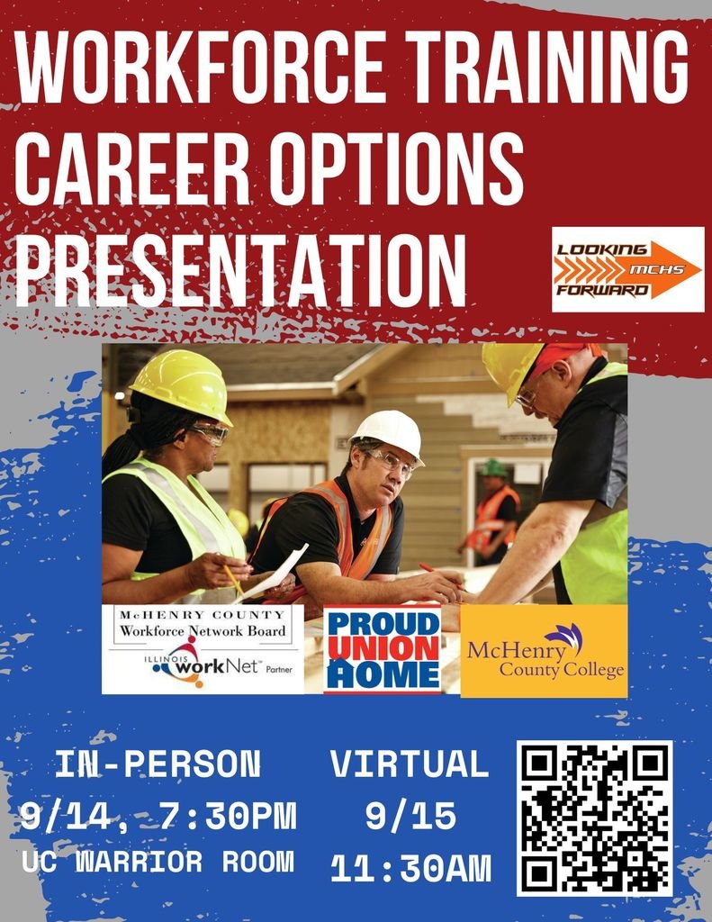 MCHS156's tweet photo. On Sept. 14, MCHS is hosting two postsecondary sessions for all students and families. 
A college planning session will be held at 6 p.m. in the UC Warrior Room, followed by a workforce training session at 7:30 p.m.
Both will be streamed live the following morning on YouTube. https://t.co/WaE6mDiUL0