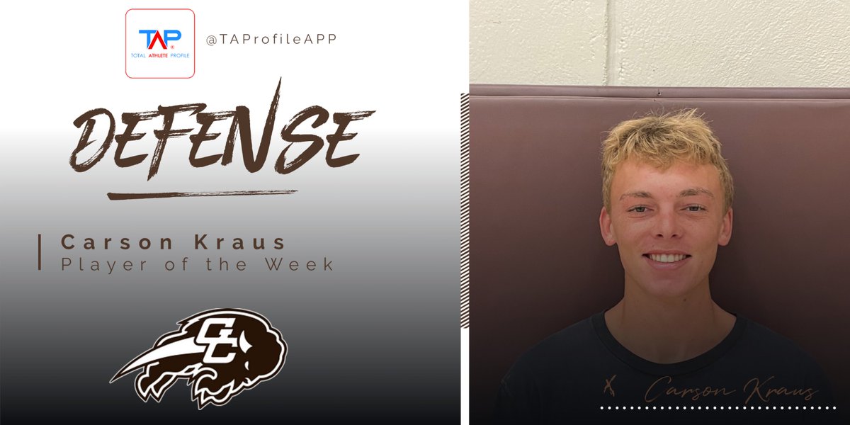 Congratulations to Senior Carson Kraus for being named the TAP APP Defensive Player of the Week against Wichita Heights.