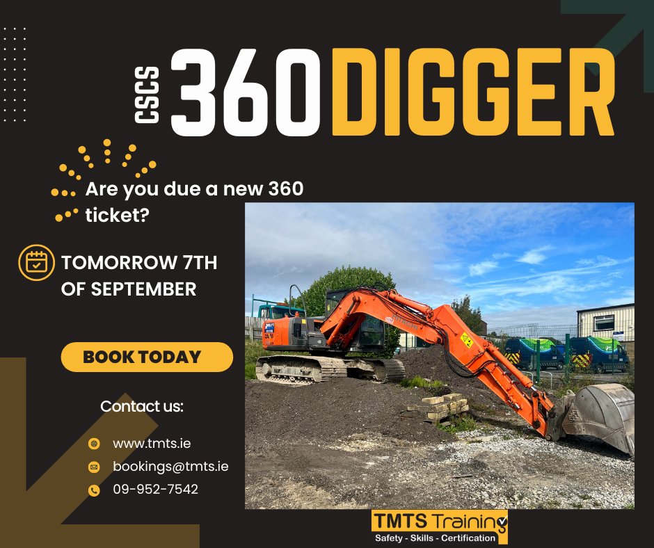 TmtsTraining's tweet photo. CSCS 360 Digger course on tomorrow the 7th of September! 
Book now! 
📞 049 952 7542
or 
📧 bookings@tmts.ie https://t.co/w3SkQCDE2N