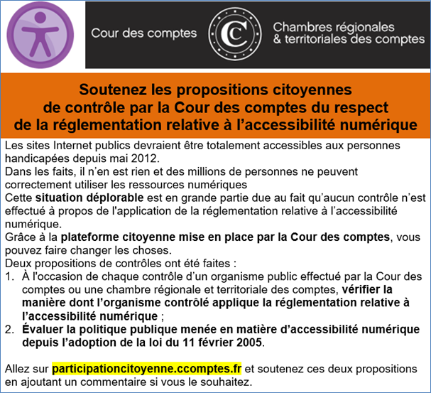 accnumVH's tweet photo. Soutenez les propositions citoyennes de contrôle par la Cour des comptes du respect de la réglementation relative à l’accessibilité numérique.
Proposition 1 : https://t.co/2xpMS3BZy1
Proposition 2 : https://t.co/nFggQxqCcB
Invitez vos proches à soutenir. https://t.co/Y9iIX7ghsR