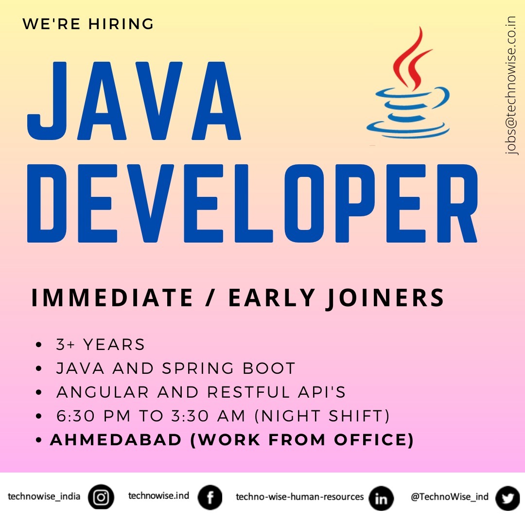 TechnoWise_ind's tweet image. We're looking for Java Full-stack Professionals (Mentorship Opportunity)
☕ 6:30 PM to 3:30 AM (Night Shift)
#Hiring #Java #JavaDeveloperJobs #SpringBoot #Angular #Docker #J2EE #JavaFullStack #AhmedabadJobs
Follow: #TechnoWise_India