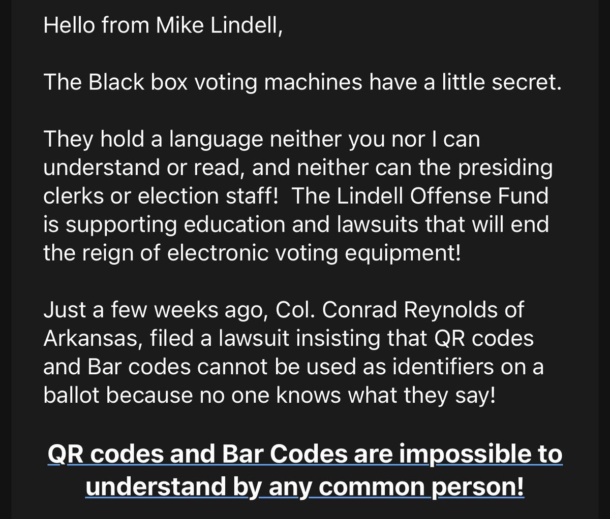 Mike Lindell is sending unhinged rants to his company’s mailing list about how “no one” understands what QR codes are 😂