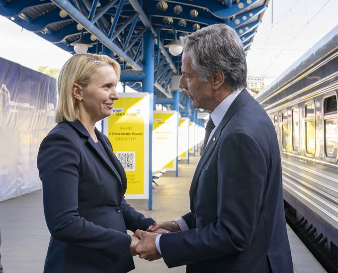 Ambassador Brink and Secretary Blinken at the train station in
                                                          Kyiv.