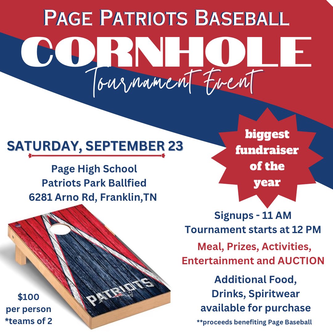 PagePatriotsHRC's tweet photo. Who’s ready for some CORNHOLE!!
🔹great FOOD🔹LIVE music🔹silent AUCTION🔹bounce house🔹Spiritwear 🔹PRIZES for 1st, 2nd, 3rd place winners
Register here:⬇️
https://t.co/fcveIP4TEq
@wcsPHSathletics @PAGE_baseball @wcsPHS_Studios @PHSBooster @wherald @visitfranklin https://t.co/0kjNGOUDEs