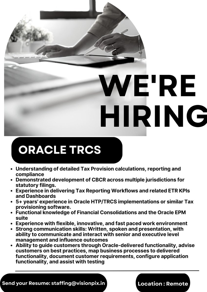 Hiring for Oracle TRCS..

Eligible candidates share resume to staffing@visionpix.in

#oraclejobs #oracledeveloper #hiringalerts #hiringimmediately #cbcr #oraclehtp