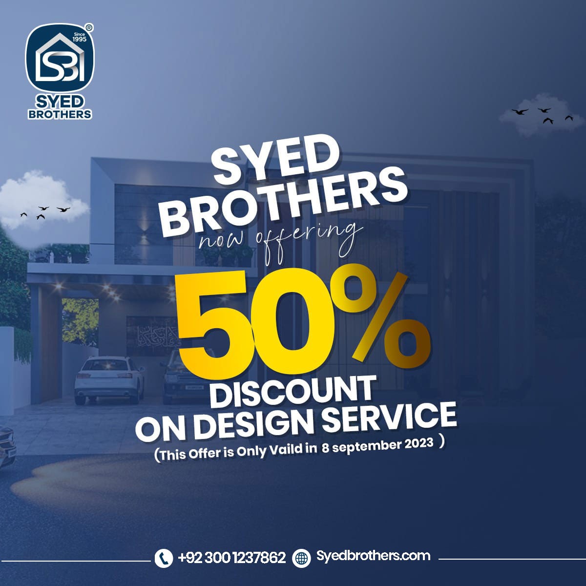 SyedBrotherspk's tweet image. Get 50% off on our design services NOW. 😍
𝐇𝐮𝐫𝐫𝐲 𝐚𝐧𝐝 𝐟𝐢𝐥𝐥 𝐨𝐮𝐭 𝐭𝐡𝐞 𝐟𝐨𝐫𝐦 𝐧𝐨𝐰. syed-brothers.com/architecture-d…                              

#syedBrothers #50PercentOff #designoffer #descount #ultamodern #defanceday #6September  #PakistanZindabad