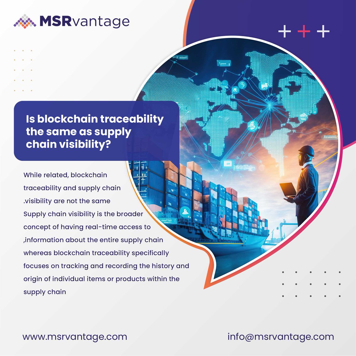 MsRvantage's tweet photo. Blockchain Traceability vs. Supply Chain Visibility 
Not interchangeable! 
Visibility = Real-time supply chain insights 
Traceability = Detailed product history
For information, click here: https://t.co/UGUsNF8slg
#Blockchain #SupplyChain #msrvantage #trackandtrace https://t.co/ezP5hfEvn4