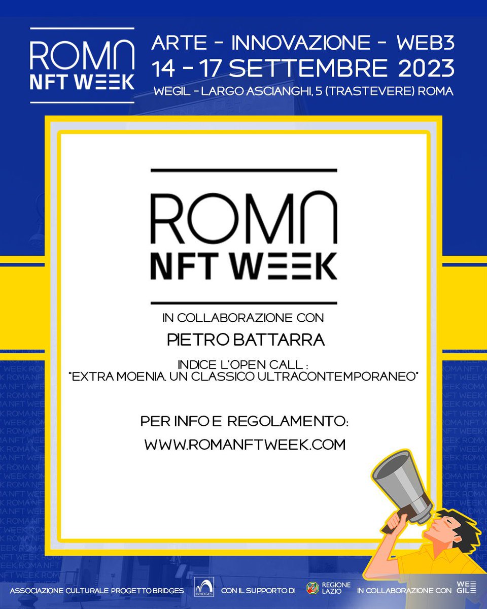 BattarraPietro's tweet photo. ๐ Venerdรฌ 8 settembre ultimo giorno disponibile per partecipare allโopen call ๐
๐๐ป opencall@romanftweek.com
Grazie a tutti coloro che hanno giร partecipato ๐ฅ
#romanftweek #artedigitale #artecontemporanea #cryptoarr #NFTs https://t.co/61fRTk17Fz