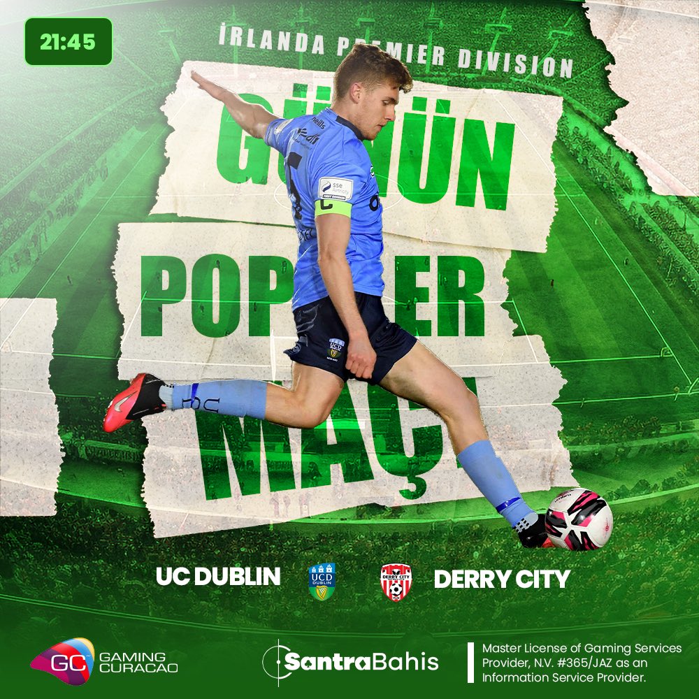 GÜNÜN POPÜLER MAÇI SANTRA BAHİS’TE SENİ BEKLİYOR.🏟️⚽️
#UCDUBLIN vs #DERRYCITY maçı yüzlerce bahis seçeneği ve özel oranlarıyla seninle.🤑