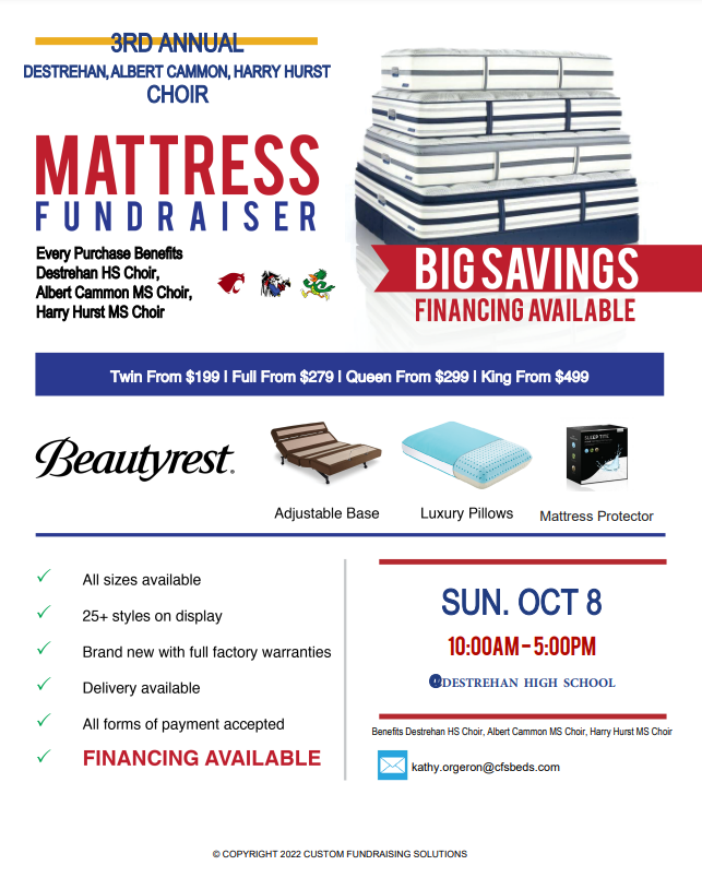Want to support the @DHSChoir @CammonMiddle or @HMSRoadrunners ? Come out to the Mattress Fundraiser on October 8 @ Destrehan High School.