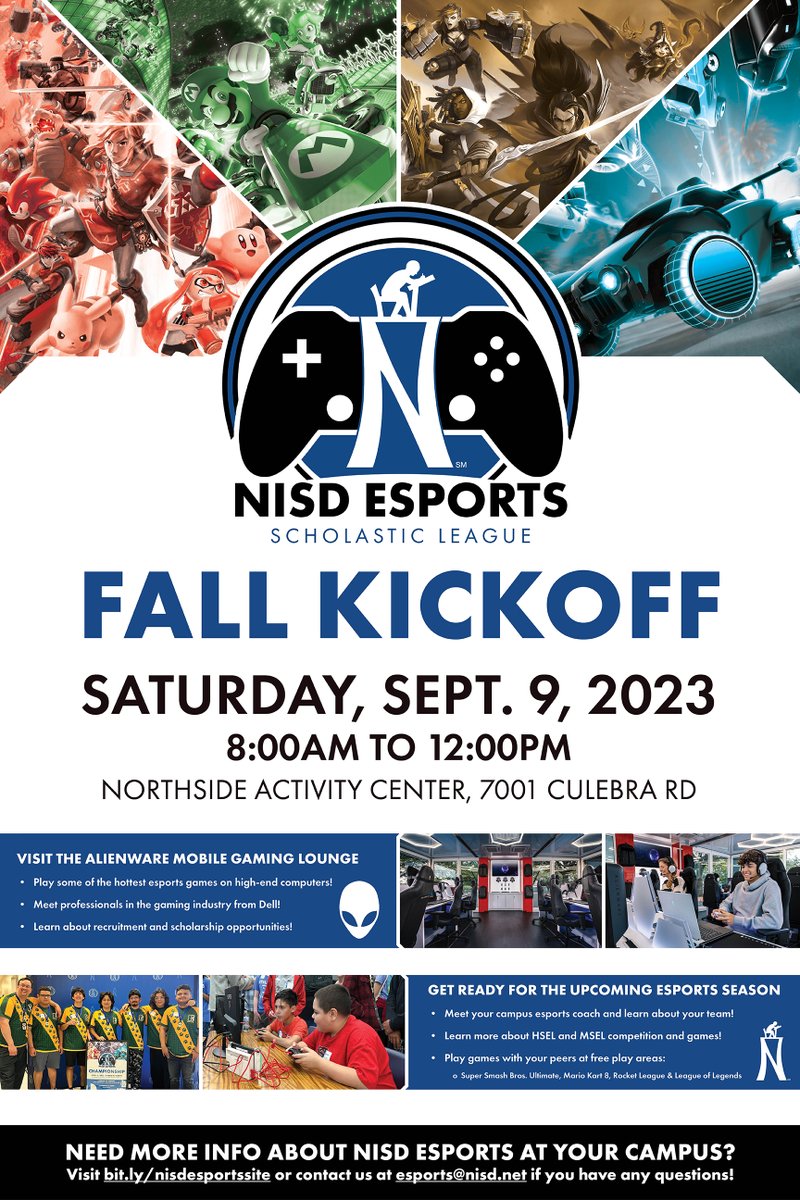 nisdesports's tweet photo. Stop by the #NISDEsports Fall Kickoff on Saturday, Sept 9th at the Northside Activity Center to play games, meet your campus coach, and talk with area esports organizations! 

This is a drop-in event, so feel free to stop by any time between 8:00AM and 12:00PM! https://t.co/I5totuFzzv