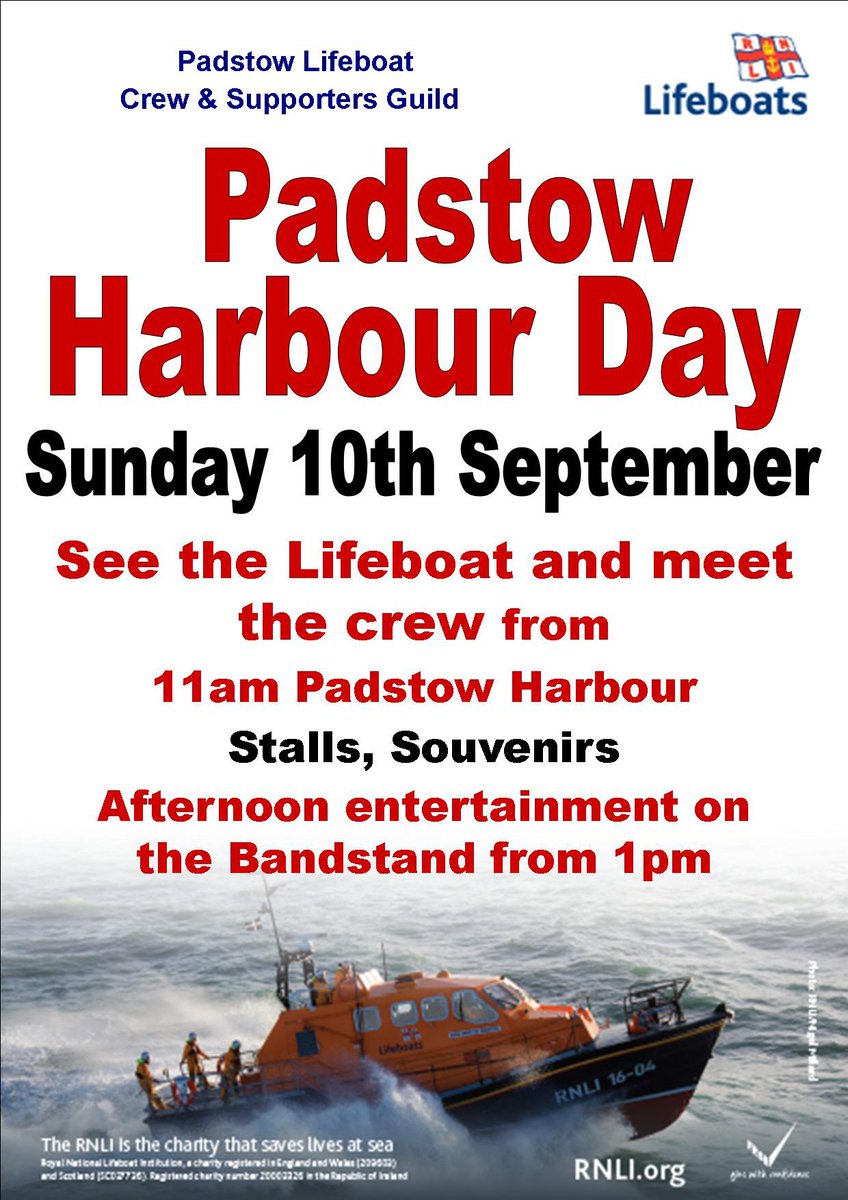 Join us this weekend for our Padstow RNLI Harbour Day! A great opportunity to see the Spirit of Padstow lifeboat and meet our volunteer crew. Sunday 10 September from 11am at Padstow Harbour. #RNLI #savinglivesatsea🌊