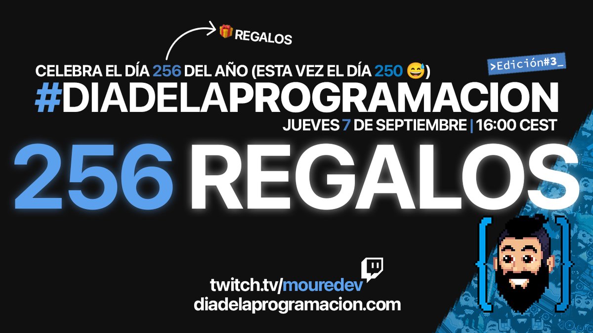 MoureDev's tweet photo. Queda 1️⃣ día para celebrar el "Día de la Programación"

🎁 Por tercer año, quiero sortear 256 regalos para estudiar y mejorar en programación.

Un último favor.
¿Me ayudas a compartirlo para dar a conocer el evento y recaudar más regalos?

Demostremos el poder de la comunidad 💪 https://t.co/kGaUhzZupw