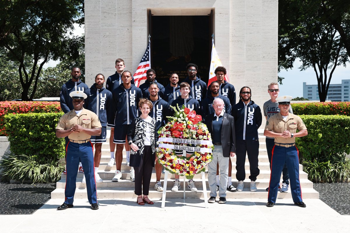 usabasketball's tweet photo. Today, the 🇺🇸 #USABMNT was joined by U.S. Ambassador MaryKay Carlson @USAmbPH &amp; USA Basketball chairman @Martin_Dempsey at the Manila American Cemetery @usabmc to honor those who served &amp; were lost during World War II. https://t.co/MExSeYTcyX