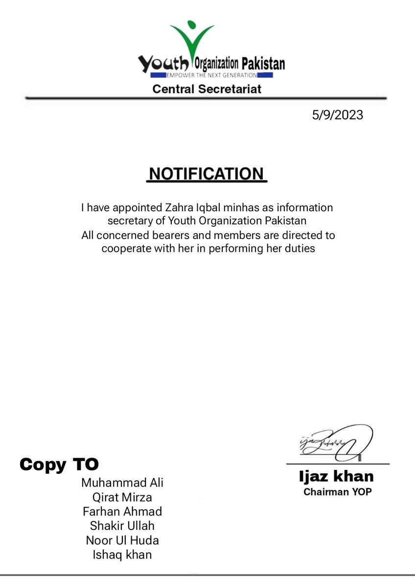 youth_org_pak's tweet photo. Chairman YOP ijaz khan has appointed Zahra Iqbal minhas as information secretary of  *Youth Organization Pakistan*
#YOP #InformationSecretary #zahraIqbalMinhas https://t.co/gY8q4GKMIf