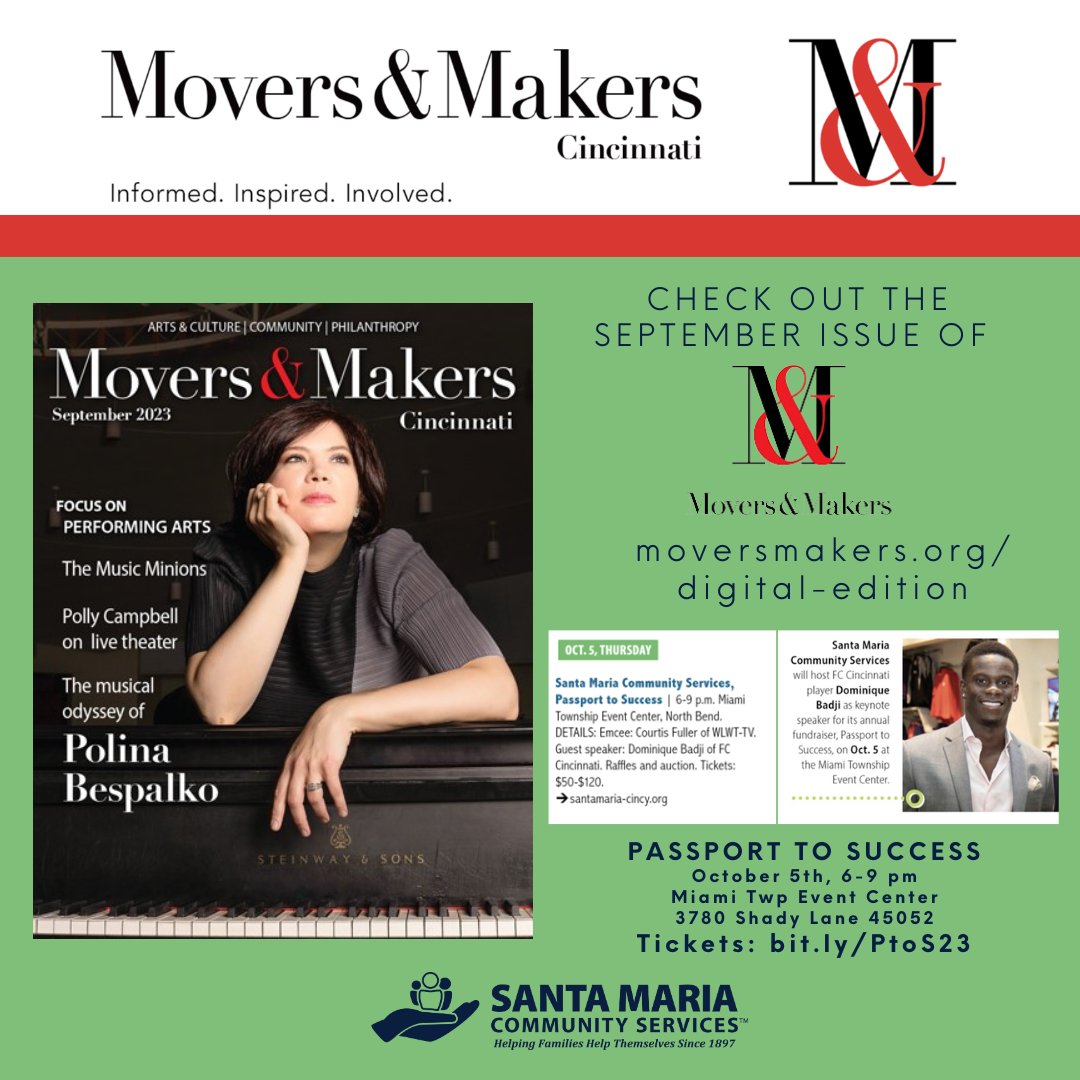 Santa Maria Community Services, Inc. (@santamariacincy) on Twitter photo The September edition of <a href="/moversmakerscin/">Movers & Makers</a> features Santa Maria's all-new annual fundraiser, Passport to Success! Read the digital edition online and check out page 30! moversmakers.org/digital-editio…
🎫Passport to Success with <a href="/dbadji14/">Dominique Badji</a> of <a href="/fccincinnati/">FC Cincinnati</a>: bit.ly/PtoS23 The September edition of <a href="/moversmakerscin/">Movers & Makers</a> features Santa Maria's all-new annual fundraiser, Passport to Success! Read the digital edition online and check out page 30! moversmakers.org/digital-editio…
🎫Passport to Success with <a href="/dbadji14/">Dominique Badji</a> of <a href="/fccincinnati/">FC Cincinnati</a>: bit.ly/PtoS23