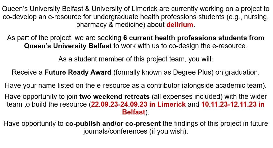 Gary Mitchell (@garymitchellrn) on Twitter photo 🚨Calling <a href="/QUBelfast/">Queen's University Belfast 🎓</a> #Nursing #Pharmacy #Medical Students!📣
Opportunity to work with QUB & <a href="/UL/">University Of Limerick</a> to co-design interdisciplinary educational e-resource about #Delirium. Details Below ⬇️⬇️⬇️
Apply by 13.09.23 here: tinyurl.com/QUBDelirium 🚨Calling <a href="/QUBelfast/">Queen's University Belfast 🎓</a> #Nursing #Pharmacy #Medical Students!📣
Opportunity to work with QUB & <a href="/UL/">University Of Limerick</a> to co-design interdisciplinary educational e-resource about #Delirium. Details Below ⬇️⬇️⬇️
Apply by 13.09.23 here: tinyurl.com/QUBDelirium