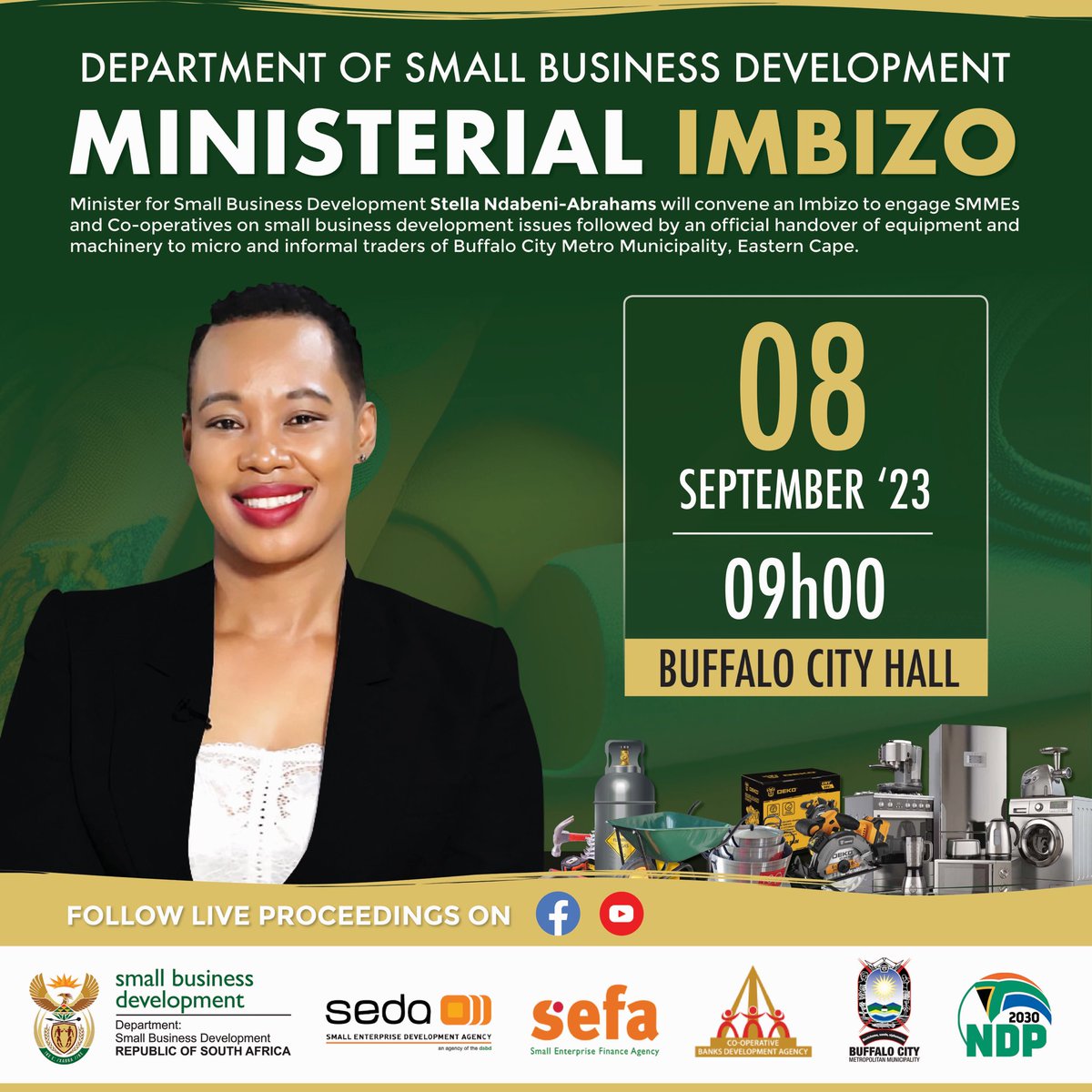DSBD_SA's tweet photo. Minister for DSBD @Stellarated will convene an Imbizo to engage SMMEs and Co-operatives on small business development issues followed by an official handover of equipment and machinery to micro and informal traders of Buffalo City Metro Municipality in EC province . https://t.co/WqSLE2Fn3D