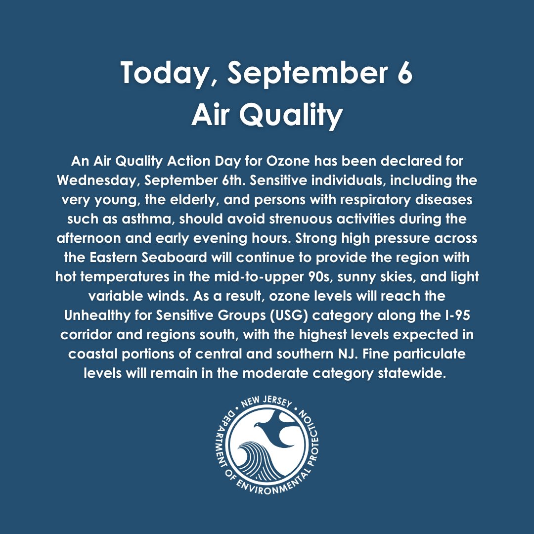 ⚠️An Air Quality Action Day for Ozone has been declared for Wednesday, September 6th. Sensitive individuals, including the very young, the elderly, and persons with respiratory diseases such as asthma, should avoid strenuous activities during the afternoon and early evening hours