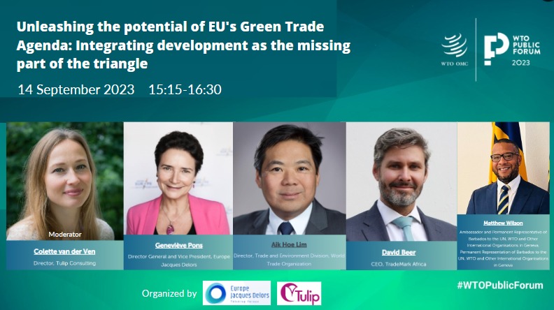 📆8 days to go before our event at the #WTOPublicForum 2023!

👉EJD &amp; <a href="/Tulip_Tweets_/">TULIP Consulting</a> are organizing a session in which our Director general <a href="/genevieve_pons/">Genevieve Pons</a> will discuss ways to better integrate the #development dimension into the EU’s greening trade policy

<a href="/wto/">WTO</a> <a href="/ColettevdVen/">Colette van der Ven</a>