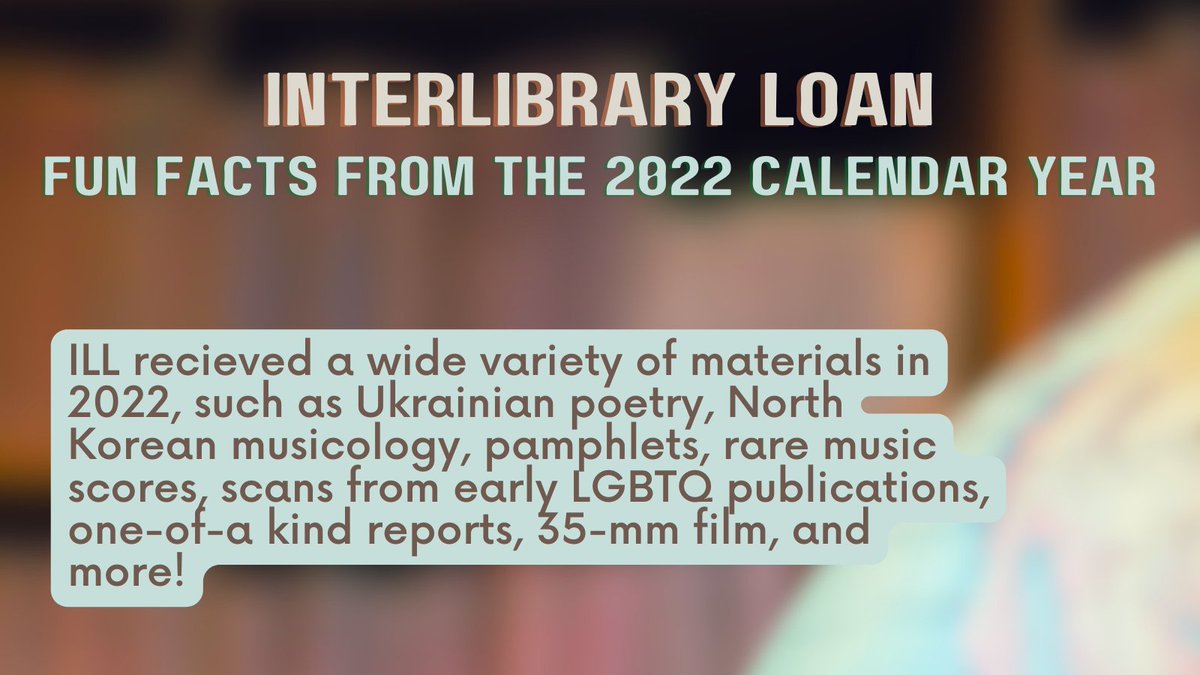 cunyGClibrary's tweet photo. Check out some #Interlibrary Loan Department fun facts and statistics from last year ππ
Place an interlibrary loan request at: https://t.co/QLISCVOoUm https://t.co/OMZj06BOm0