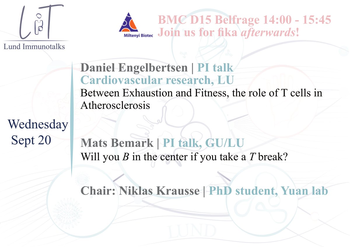 Joan_Yuan_Lab (@theyuanlab) on Twitter photo 📢the next #LUImmunotalks drops on September 20 with two presentations given by <a href="/EngelbertsenLab/">Engelbertsen Lab</a> and <a href="/BemarkMats/">Mats Bemark</a> who just moved to <a href="/medfak_LU/">Medicinska fakulteten, Lunds universitet</a>!!! Do not miss @LuWcmm <a href="/Lund_Stem/">Lund Stem Cell Center</a> 📢the next #LUImmunotalks drops on September 20 with two presentations given by <a href="/EngelbertsenLab/">Engelbertsen Lab</a> and <a href="/BemarkMats/">Mats Bemark</a> who just moved to <a href="/medfak_LU/">Medicinska fakulteten, Lunds universitet</a>!!! Do not miss @LuWcmm <a href="/Lund_Stem/">Lund Stem Cell Center</a>