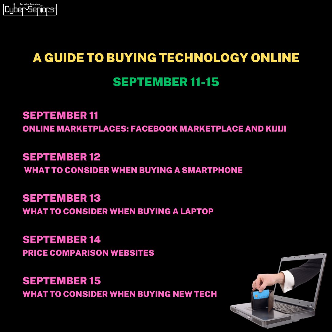 cyberseniors's tweet photo. This week at Cyber-Seniors we are discussing how to buy technology online. Searching for a new or used laptop? Curious about places like Facebook Marketplace and Kijiji? We got you covered. Join us for a FREE session or two! ➡️ https://t.co/FxtONHl0xT https://t.co/ONoJNnHT2g