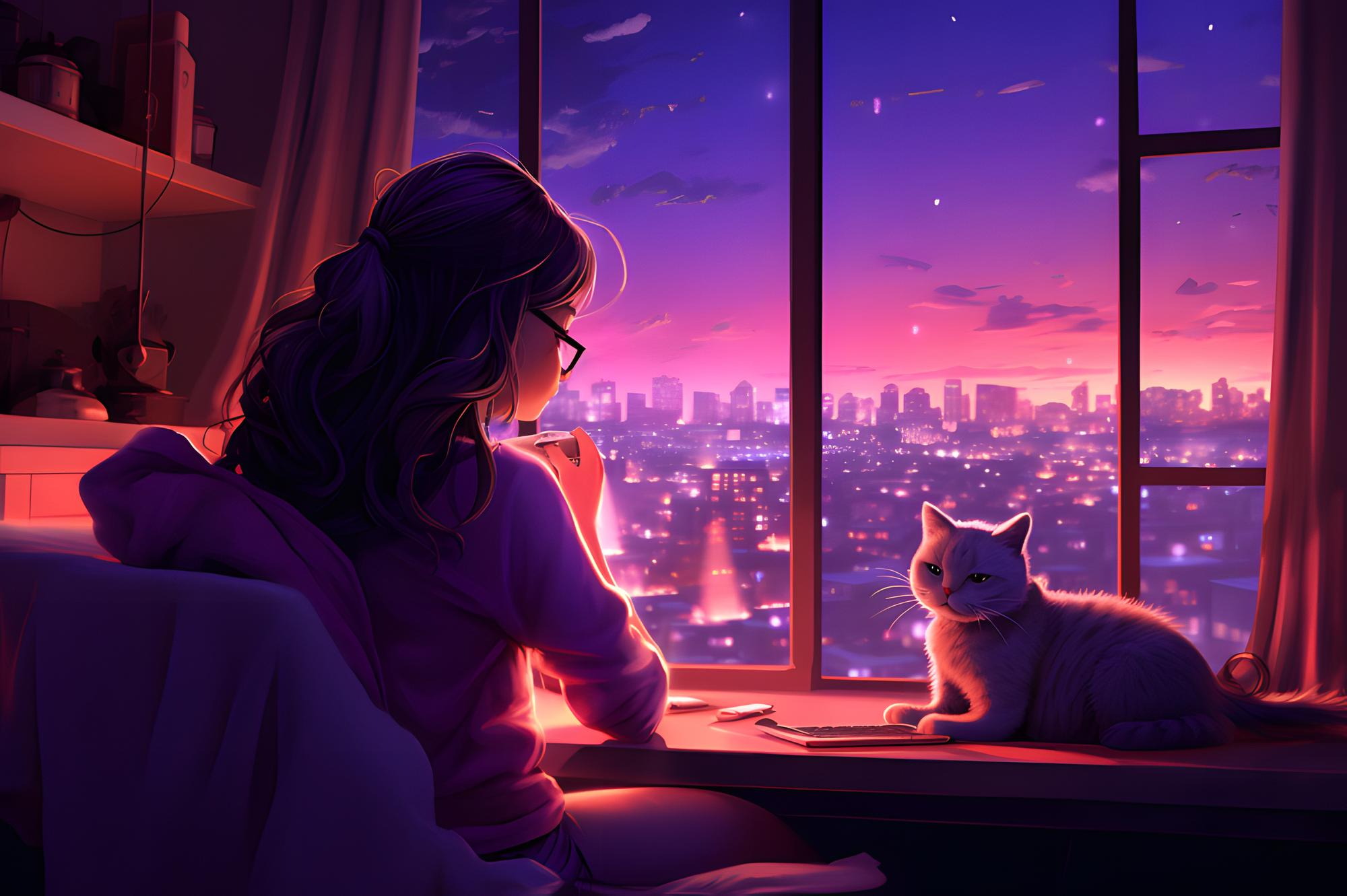 PC Wallpaper 4K - Anime Serenity: A Chill Vibe with Feline Companions!