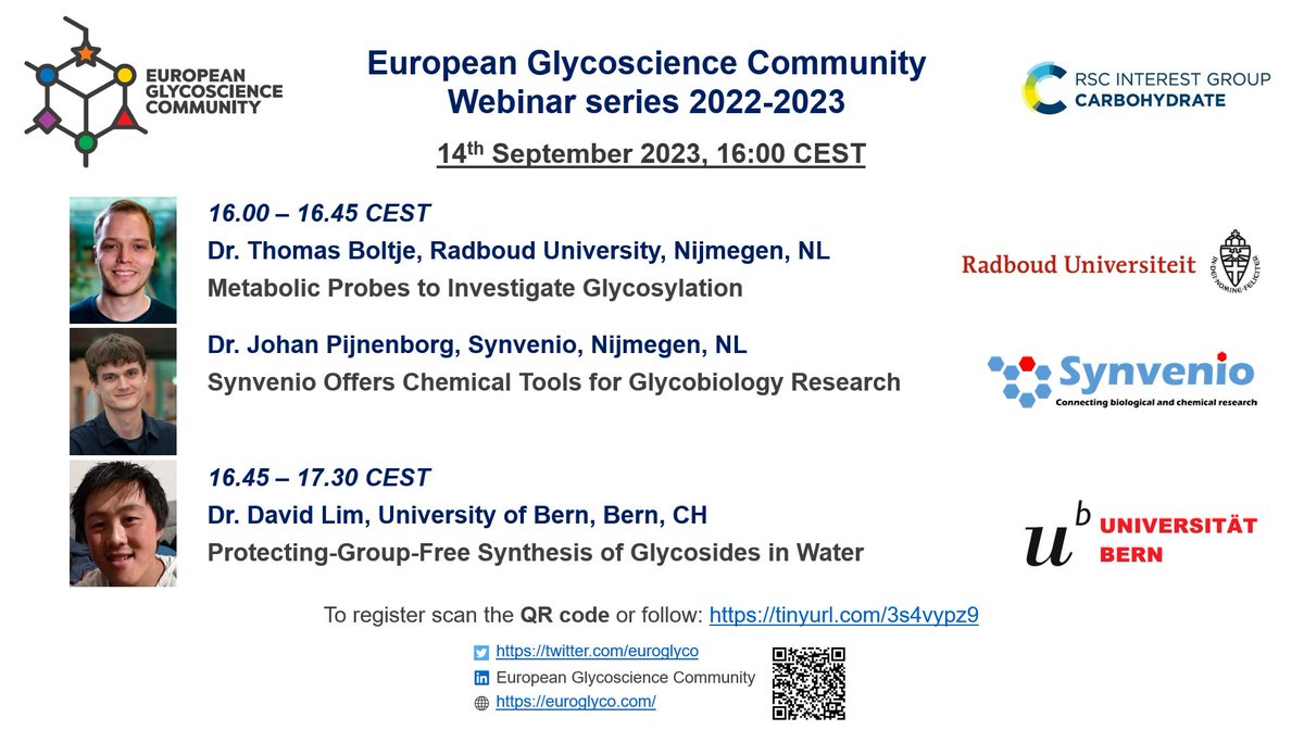 European Glycoscience Community (@euroglyco) on Twitter photo 🎉Our webinar series is back next week!
Tune in on 14/9 for an afternoon of glycosciences with Thomas Boltje <a href="/Radboud_Uni/">Radboud University</a>, <a href="/JohanPijnenborg/">JohanPijnenborg</a> <a href="/synvenio/">Synvenio BV</a>, & David Lim <a href="/unibern/">Universität Bern</a>! #glycotime
Register: tinyurl.com/3s4vypz9
#glycotime <a href="/Glyco_Alps/">Glyco@Alps</a> <a href="/glycoworld/">Alexei Demchenko, PhD (he/him)</a> <a href="/glyconet_nce/">GlycoNet</a>
<a href="/acs_carb/">ACS_CARB</a> 🎉Our webinar series is back next week!
Tune in on 14/9 for an afternoon of glycosciences with Thomas Boltje <a href="/Radboud_Uni/">Radboud University</a>, <a href="/JohanPijnenborg/">JohanPijnenborg</a> <a href="/synvenio/">Synvenio BV</a>, & David Lim <a href="/unibern/">Universität Bern</a>! #glycotime
Register: tinyurl.com/3s4vypz9
#glycotime <a href="/Glyco_Alps/">Glyco@Alps</a> <a href="/glycoworld/">Alexei Demchenko, PhD (he/him)</a> <a href="/glyconet_nce/">GlycoNet</a>
<a href="/acs_carb/">ACS_CARB</a>