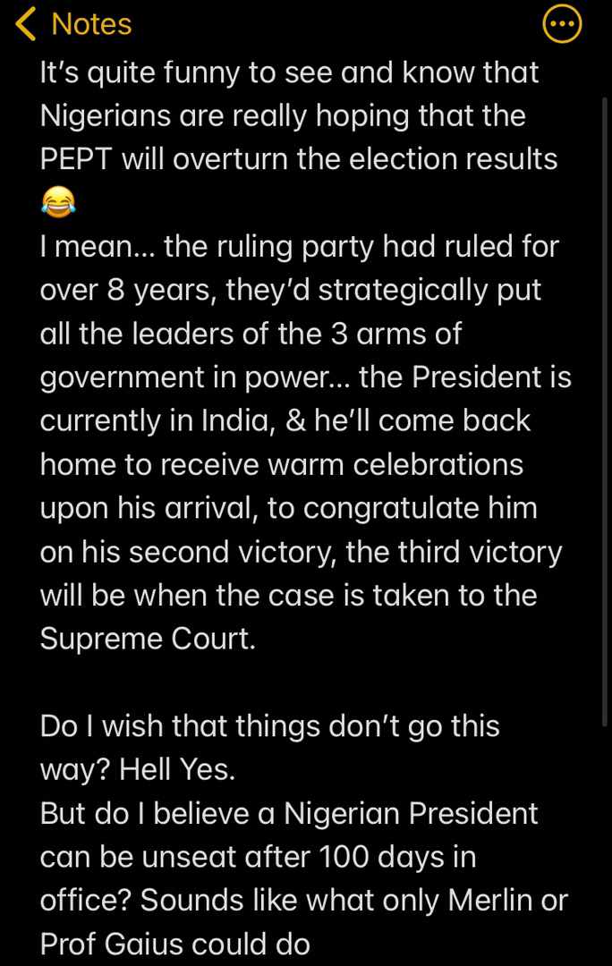 On this mandate we are standing by fire by force. Tinubu leekan si😂.
#PEPTJudgement

Meanwhile, someone said...👇