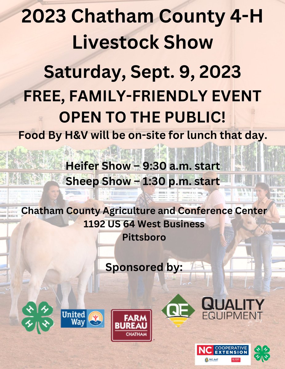 ChathamCoopExt's tweet photo. 2023 Chatham County 4-H Livestock Show
Join us this Saturday for this FREE, FAMILY-FRIENDLY EVENT!!
Learn more about this event: https://t.co/MAKEXksPAK https://t.co/ZvrFsHxajh