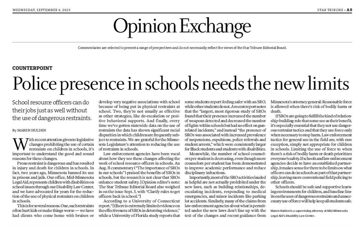 Today’s Star Tribune features our editorial “School resource officers can do their jobs just as well without the use of dangerous restraints.” strib.gift/9cbyicbk8