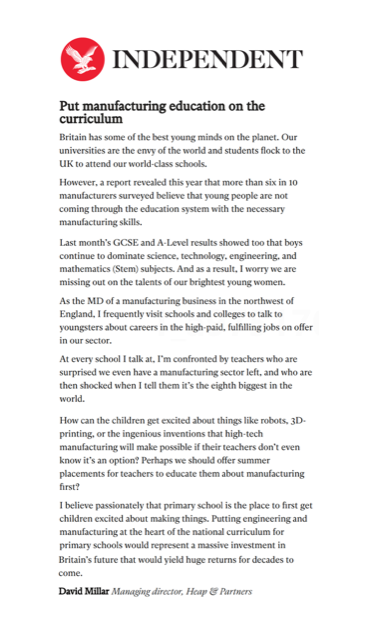 heapandpartners's tweet photo. "Put manufacturing education on the curriculum"
David Millar, Managing Director of Heap &amp; Partners Limited https://t.co/2RZsLppjqQ