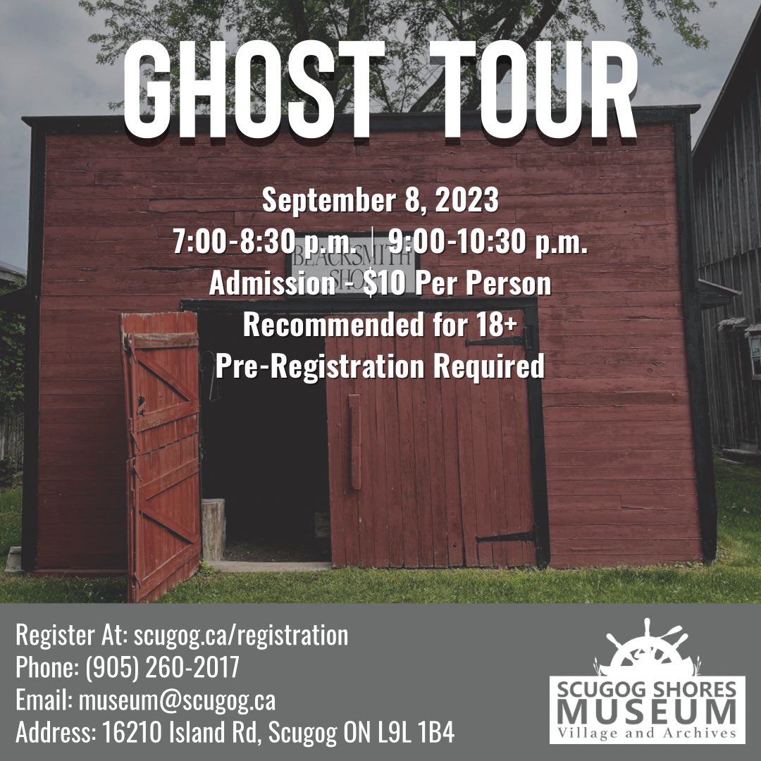 There are only 10 spots remaining before we are sold out! To register, visit: scugog.ca/registration

#ghosttour #scugogshoresmuseum #townshipofscugog #paranormal #haunted #fun