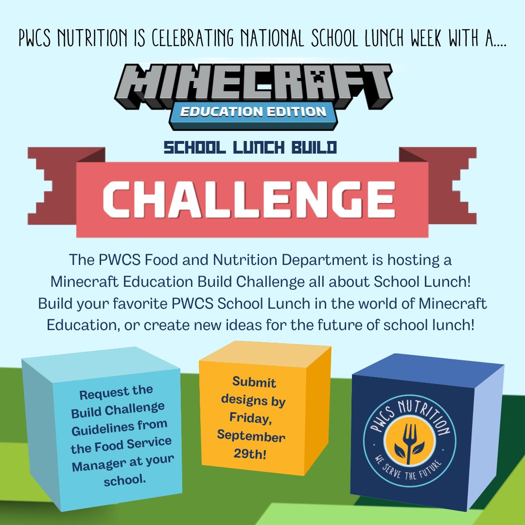Hey <a href="/PWCSNews/">PWCS</a> students! We are hosting a #MinecraftEducation Build Challenge all about #SchoolLunch to celebrate #NSLW23! Request the Build Challenge details and submission guidelines from the Food Service Manager at your school. <a href="/playcraftlearn/">Minecraft Education</a> #MinecraftChallenge #NoKidHungry